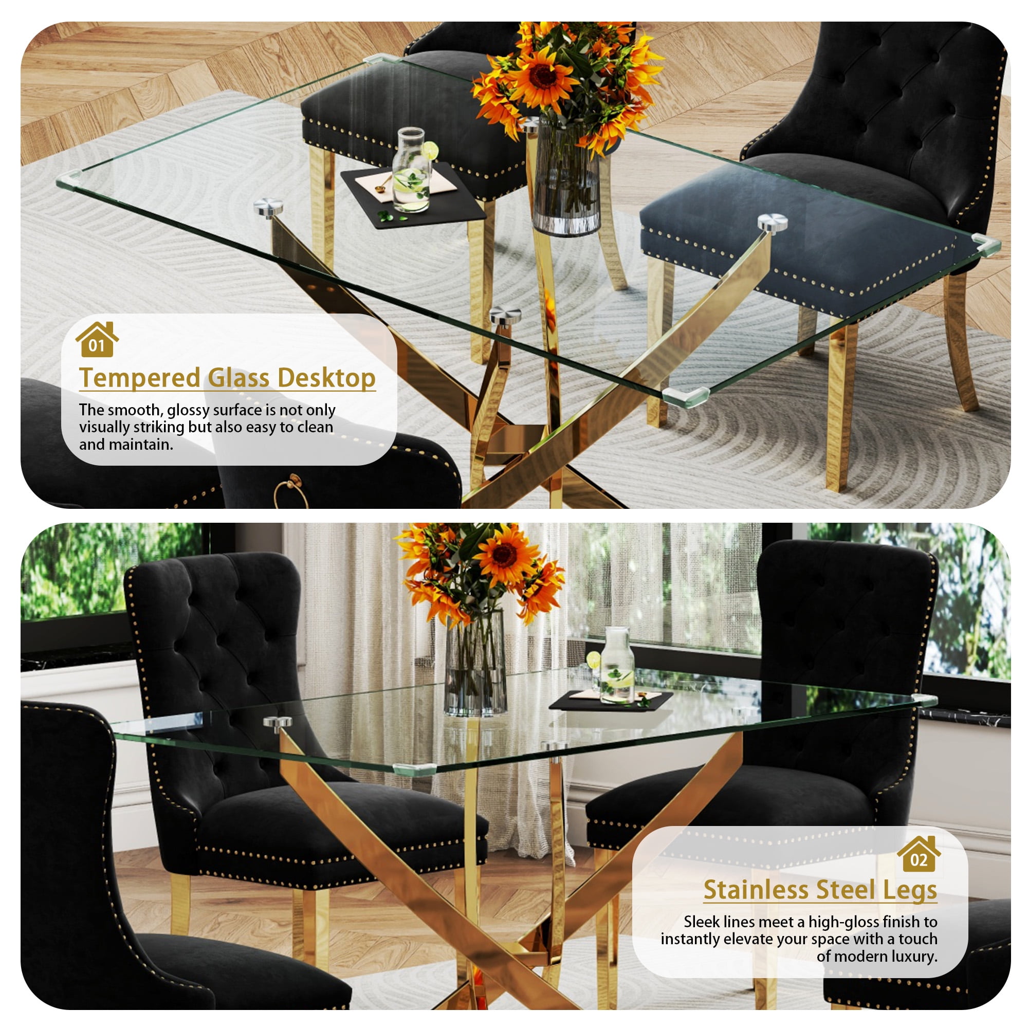 5-Piece Dining Table Set, 50" Modern Rectangular Tempered Glass Table & 4 Tufted Velvet Chairs with Stainless Steel Legs, Dining Set for Kitchen, Office