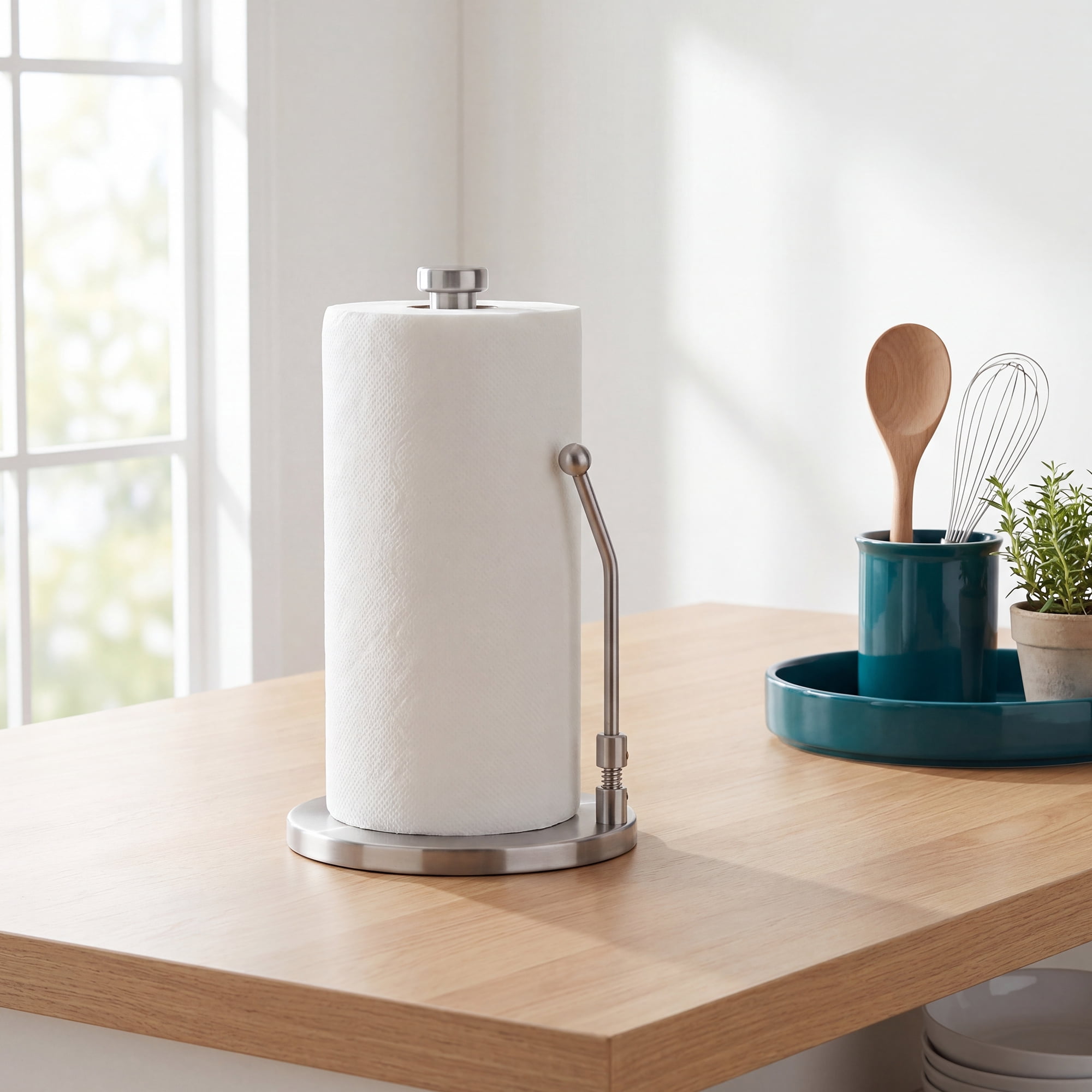 Unique Bargains Paper Towel Holder Countertop Weighted Base Silver A 12.7x6.7inch