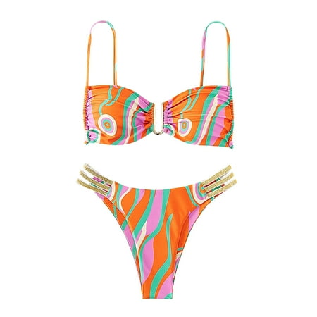 QIJIE Women s Floral Print Thong Bathing Suit High Waisted Swimsuit Bikini Set Orange M