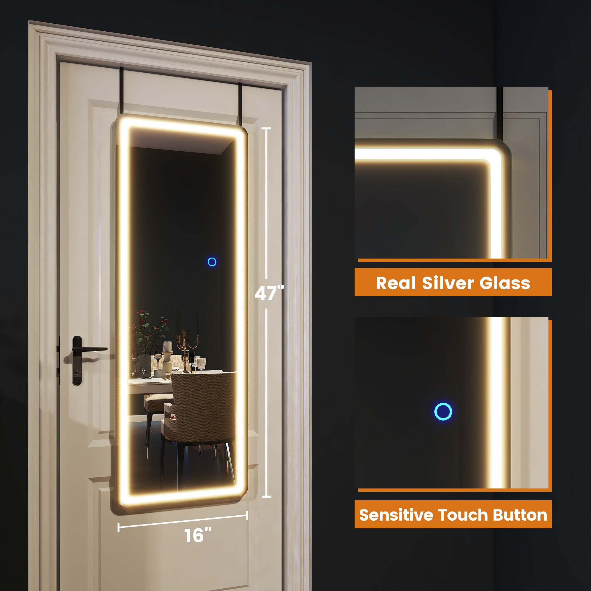 47"x16" Mordern Rectangle Hanging LED Mirror Door Mirror Vanity Mirror,White