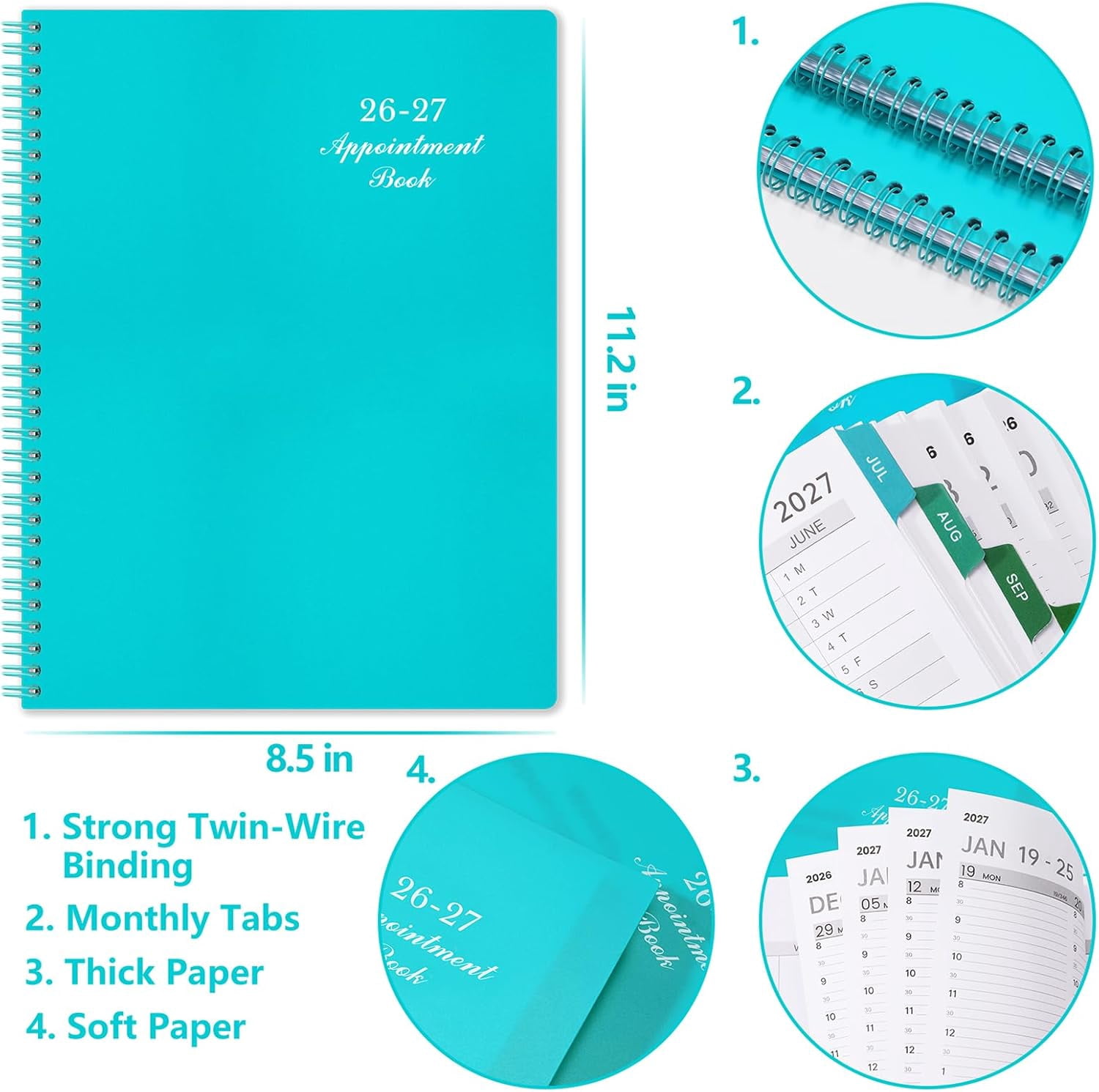 2026-2027 Weekly Appointment Book & Planner - Daily Hourly Planner 2026-2027, 9" x 11", July 2026 - June 2027, 30-Minute Interval, Lay - Flat, Spiral Binding, Thick Paper - Teal Green$$Office