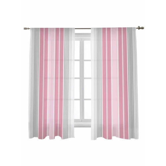 Minimalist Sheer Curtains 63 Inch Long 2 Panels, Pink Gradient Gray Stripe Light Filtering Rod Pocket Semi Sheer Curtains, Sheer Voile Drapes for Living Room Bedroom, 52"x63"