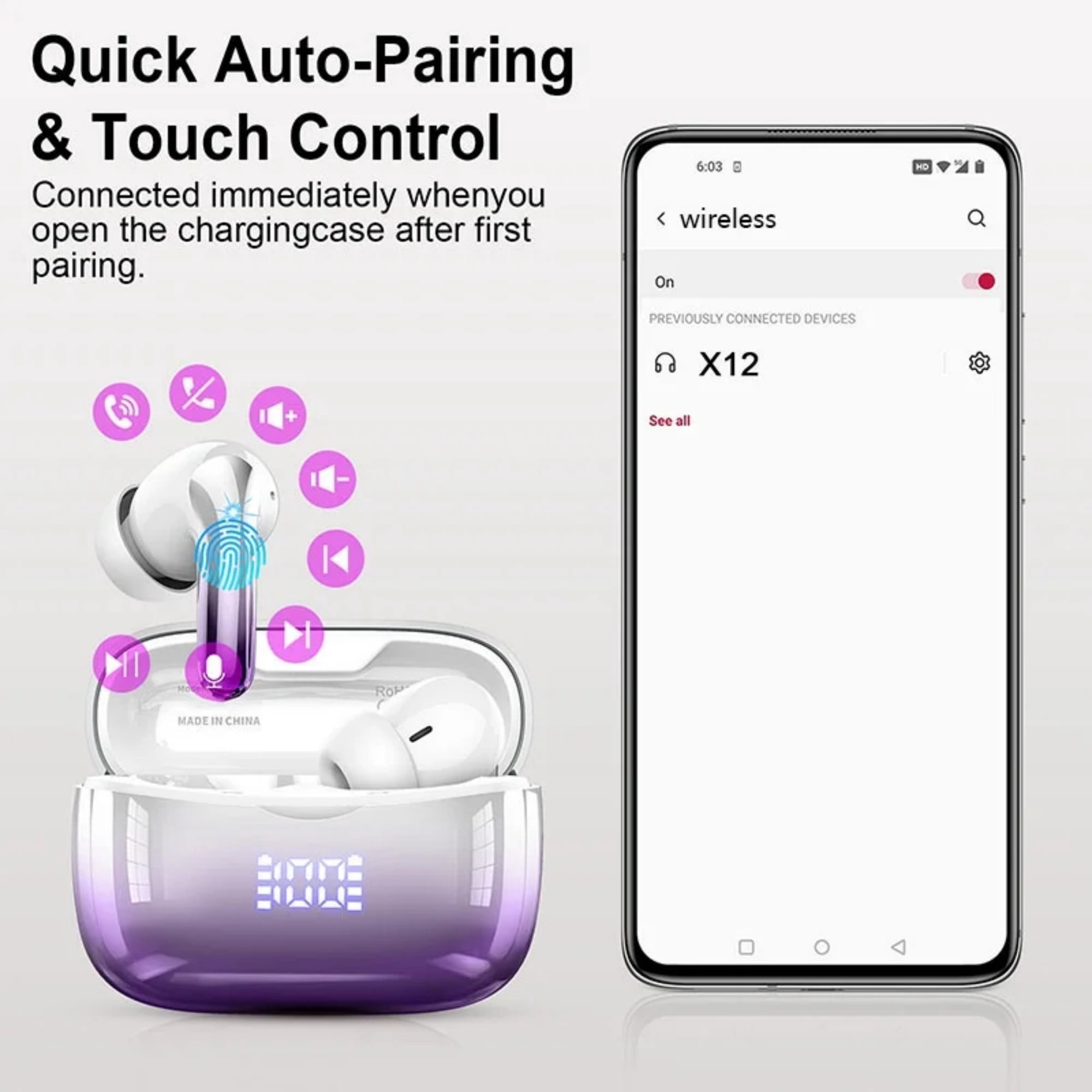 WeurGhy Earbuds Wireless Bluetooth Noise Cancelling for iPhone Android Sports Workout, 56H Playtime Waterproof LED Display in Ear Headphones, Gradient Purple
