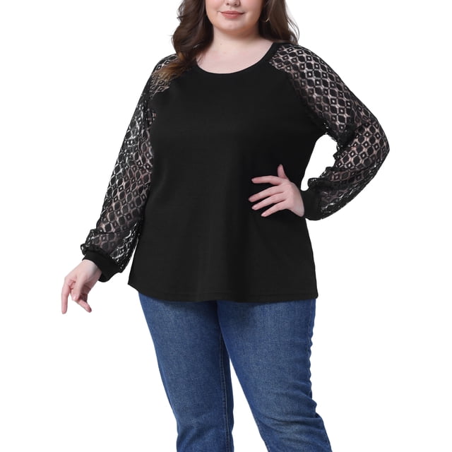 Blusas T-Shirts de Mujer Plus Size Agnes Orinda con Encaje, Cuello Redondo, Manga Larga, Casual, Sueltas, 3X, Negro