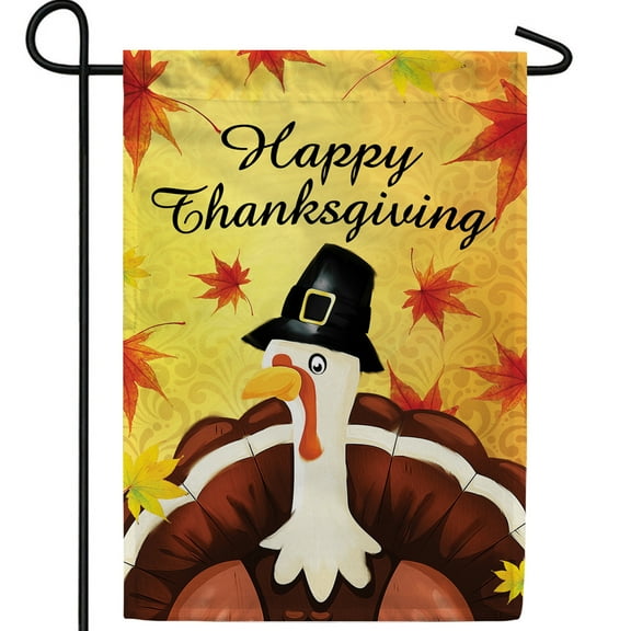 America Forever Happy Thanksgiving Garden Flag, 12.5 x 18 inch Double Sided, Pilgrim Turkey Design, Fall Maple Leaves, Holiday Decoration, Autumn Yard Flag