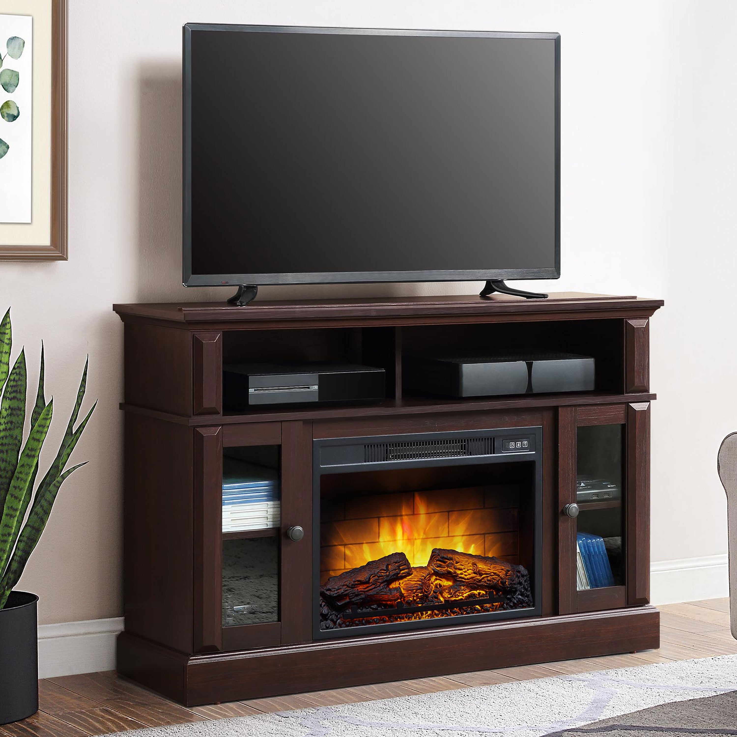 Details about   Fireplace TV Stand for TVs up to 65" Black Oak Mainstays Modern Look Cozy Feel 