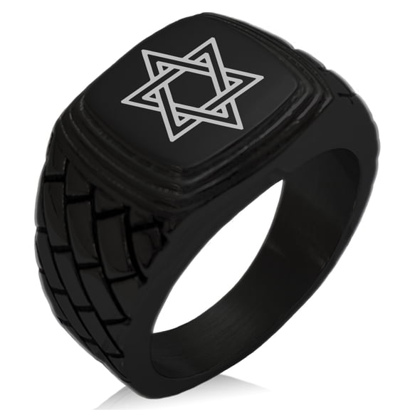 Stainless Steel Interlocking Hexagram Star of David Geometric Pattern Step-Down Biker Style Polished Ring