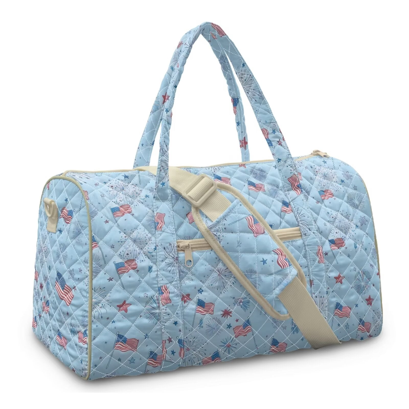Xixirimido American Flags Firework Blue Print Travel Duffel Bags for Women Men Weekender Overnight Bag Carry On Quilted Fabric, Women Hospital Bags for Labor and Delivery