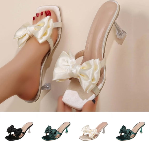 Miluxas Women's Bowknot Low Stilettos Heels Mules Sandals Slip on Pleated Bow Heels Wedding Bridal Party Dress Shoes White 7.5(40)