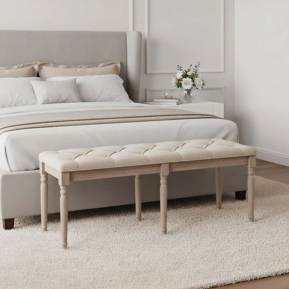 Resenkos 47.5 Inch Padded Bench with Carved Rubber Wood Legs, Upholstered Button Tufted Accent Bench for Living Room, Entryway, Beige