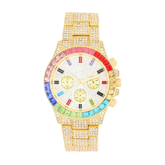 Mens Big Rocks with Rainbow Multicolor Rhinestone Bezel Fully Iced Out Colorful Dial Watch - ST10327 RN Single (ST10401 Gld Rainbow)