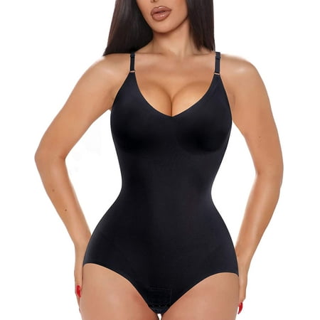 

Nebility Women Waist Trainer Bodysuit Adjustable Shoulder Strap Shapewear Tummy Control Fajas Corest V-Neck Leotard Jumpsuit Tops(Black 0XL)