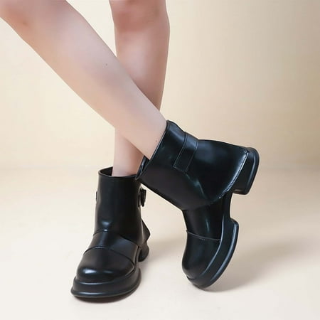 

Fall Saving Juebong Women s Retro Boots Round Toe Chunky Heel Middle Heel Slouchy Belt Buckle Back Zipper Booties