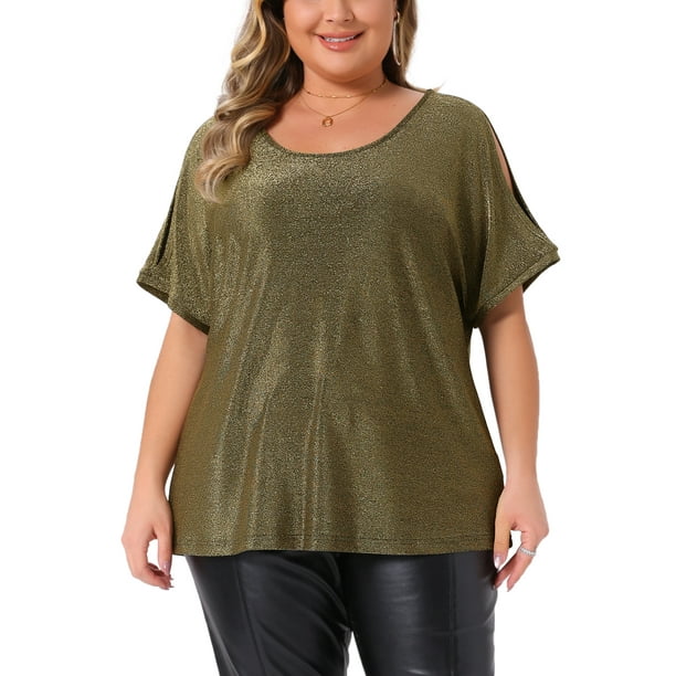 Blusas de lentejuelas para mujeres de tallas grandes, con hombros al aire, de manga corta, camiseta brillante para fiestas, blusa sexy 3X dorada