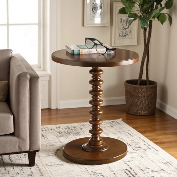 Gzxs 17" Traditional Round End Table for Living Room, Classic Display Side Table with Turned Spindle Pedestal Base, Walnut