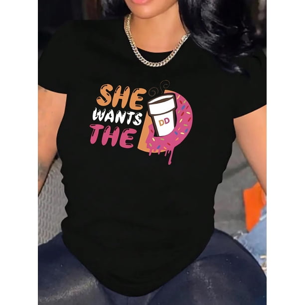 1pc Women'S Casual Crew Neck T-Shirt with "She Wants The DD" Print, Polyester Knit Fabric, Medium Stretch, All-Season Fashion Top
