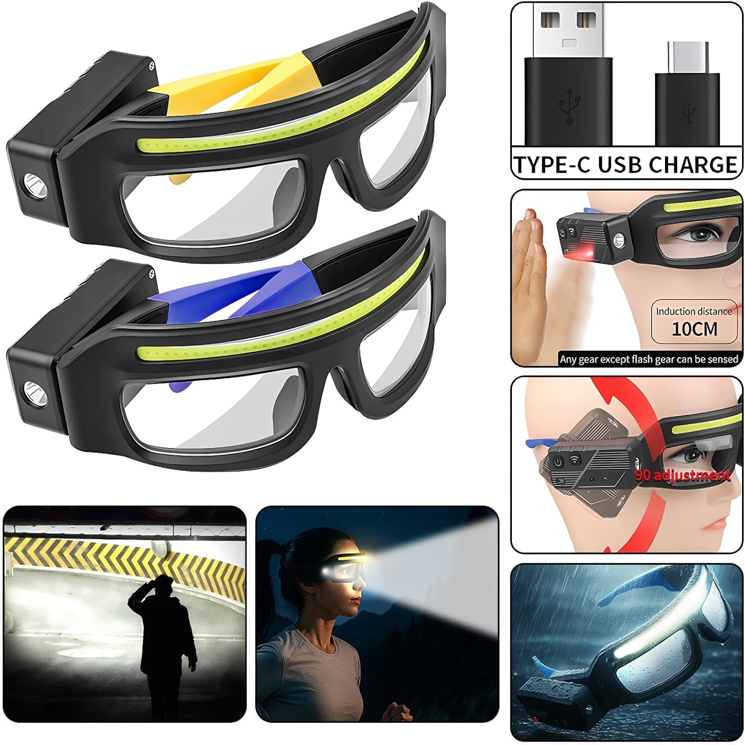LED glasses rechargeable headlight glasses with motion sensor and touch control, 5 modes USB C lighted glasses for running camping, fishing, cycling, hiking, hands-free lighting glasses