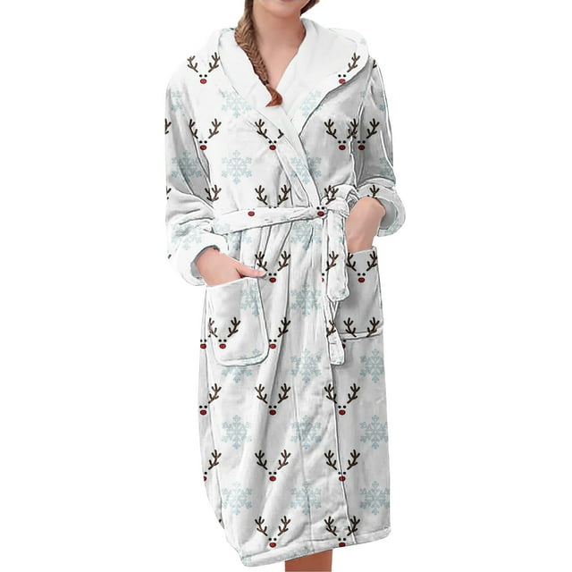 Women's Fleece Plush Robe Long Warm Plush Bathrobe Loungewear Jacket Printed Comfort Robe