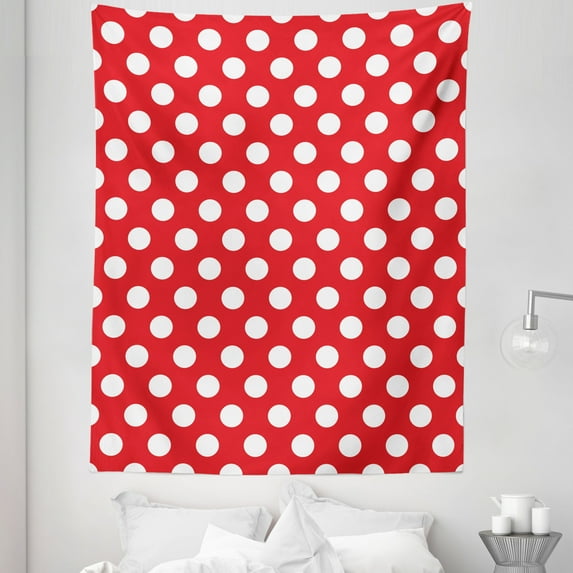 Retro Tapestry, 50s 60s Iconic Pop Art Style Big White Polka Dots Picnic Vintage Old Theme Image, Fabric Wall Hanging Decor for Bedroom Living Room Dorm, 5 Sizes, Vermilion White, by Ambesonne