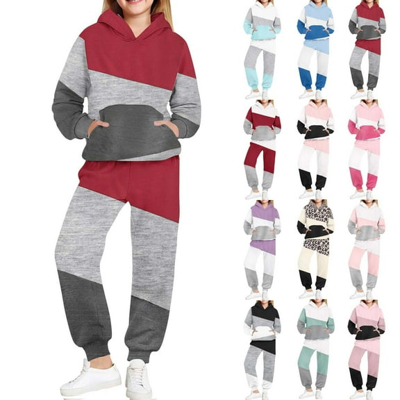 Piuwrlz 2pcs Hood Jogger Set Teen Girls Fleece Sweatsuits Sets Plush Hoodies and Sweatpants Pink Size 14-15 Years