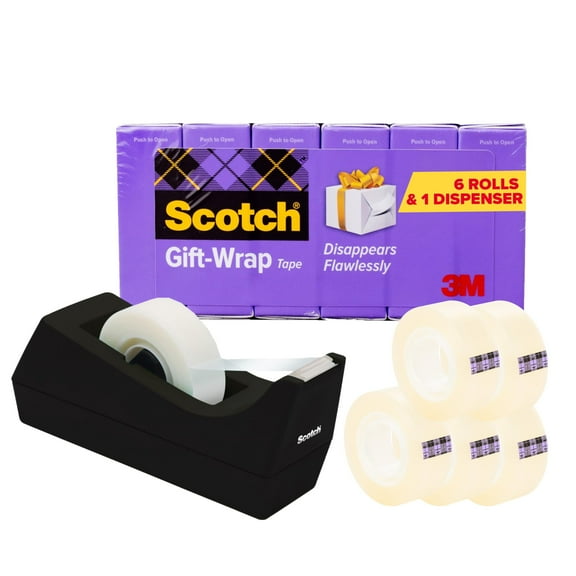 Scotch Gift Wrap Tape with Desktop Dispenser, 6 Rolls of 3/4 in x 1000 in Each, Includes Desktop Tape Dispenser