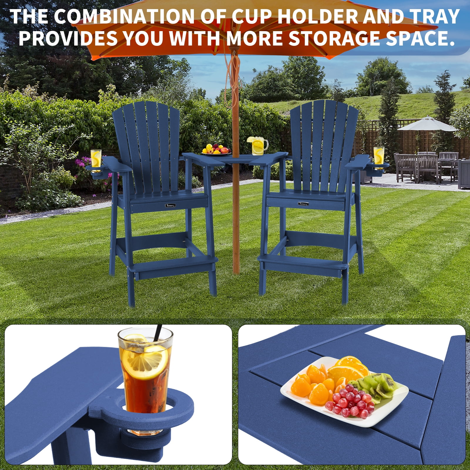FUNBERRY Tall Adirondack Chairs Set of 2 with Removable Connecting Table, All Weather High Top Balcony Chair with Cup Holders