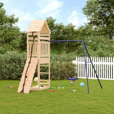KidKraft Raptor Trail Wooden Outdoor Swing Set with Wavy Slide and Rock ...