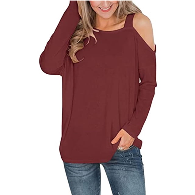 Pompotops Mode Femme Décontractée Col Rond Manches Longues Épaules Dénudées Hauts Unis Blouse