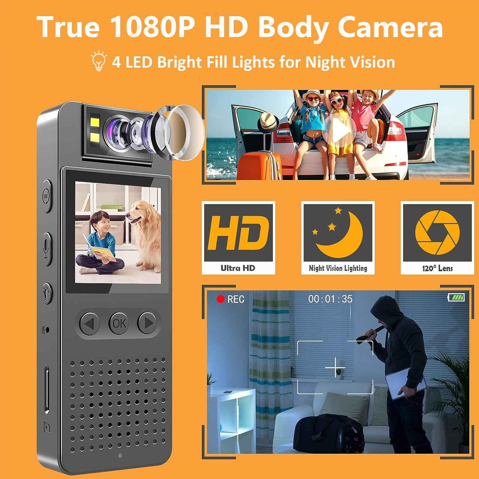 RONY 128GB Small Body Camera with Audio and Video Recording - 1080P Mini Camcorder Security Camera with Clip 180 Degree Rotating Lens Real Time Monitoring Night Vision