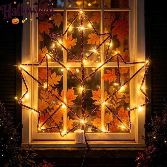 Hollow Maple Leaf LED Light, Vintage Brown Iron Frame Fall Window Light, Halloween Decorations, Battery Powered Thanksgiving Harvest Wall Porch Hanging Lamp, Indoor Outdoor Holiday Party Decor