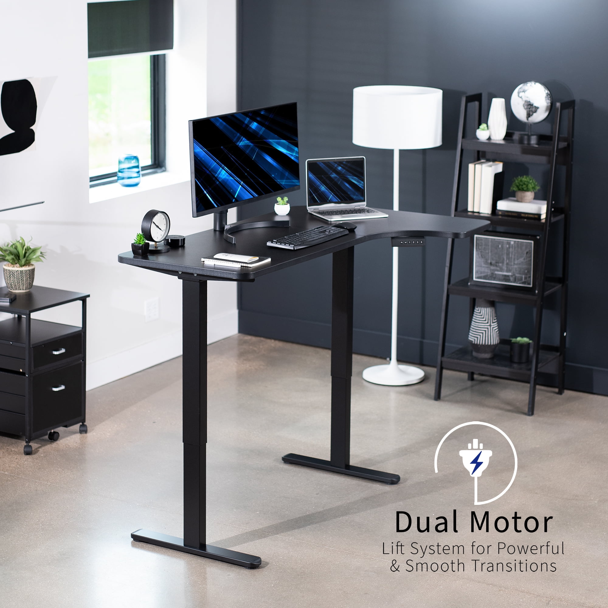 VIVO Electric 58" x 35" Dual Motor Standing Corner Desk, Black Top, Black Frame