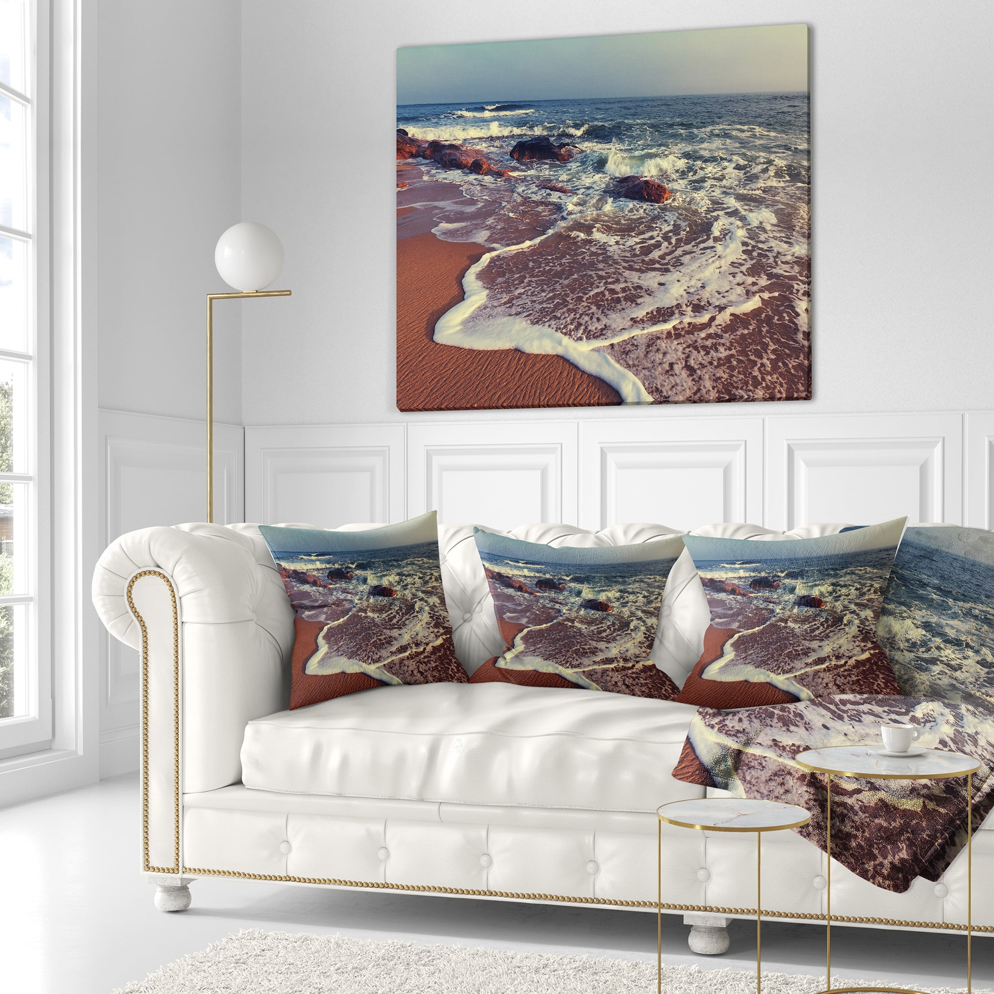 Designart Foaming Waves Kissing Wide Beach - Seashore Throw Pillow - 18x18