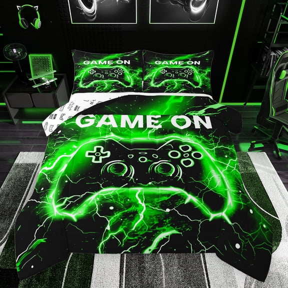 jejeloiu Console Game Lovers Bedding Comforter Set,Green Black Gamepad Twin Comforter Sets,Modern Video Games Bedding Set For Boys Teens,Ultra Soft Home Decor Reversible,2 Pieces