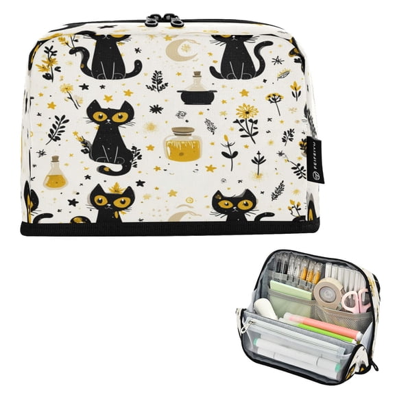 Pencil Bag with Magnetic Foldable Base Large Capacity Stand-Up Pencil Case Durable Nylon Pen Pouch Black Cat Seamless Pattern