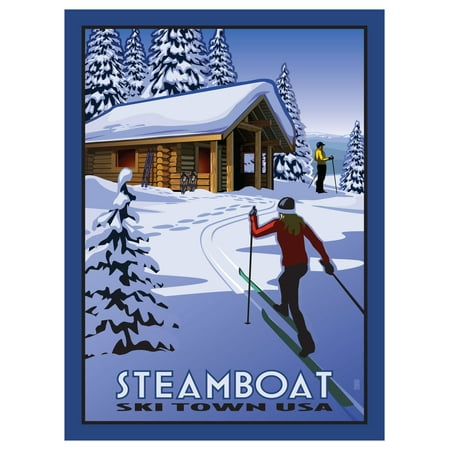 Steamboat Ski Town USA Cross Country Skiers & Cabin Travel Art Print Poster by Paul Leighton (9