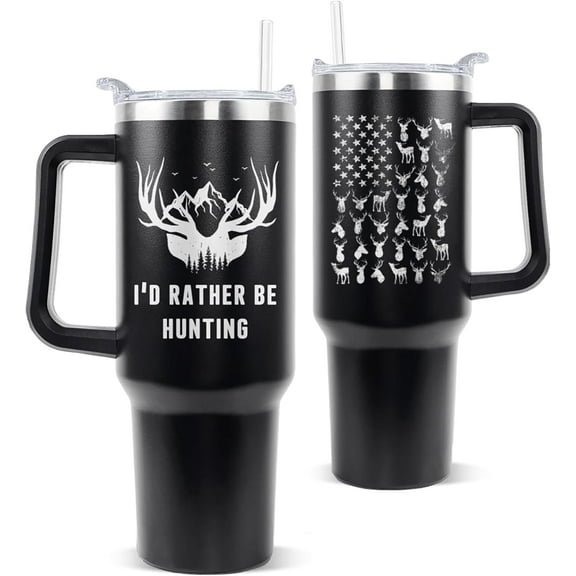 Hunting Tumbler with Handle and Straw Hunters Deer Cup Coffee Travel Mug Hunting Gifts for Dad Papa Husband Hunter Fathers Day-40 oz Id Rather Be Huntings