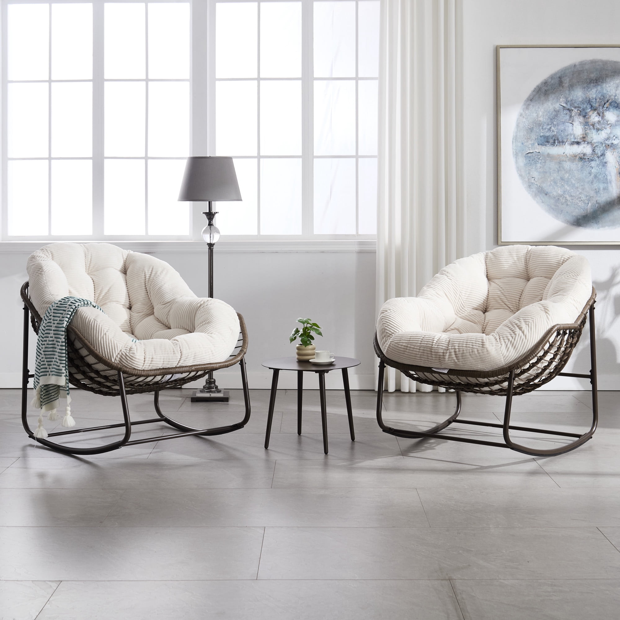 Leumius Outdoor Rattan Rocking Chair, Padded Cushion Rocker Recliner Chair Outdoor for Front Porch Living Room Patio Garden, White