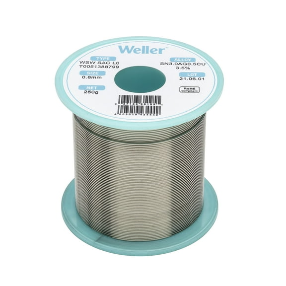 Weller WSW SAC L0 (T0051388799) Lead Free Solder Wire, Dia: 0.8 mm / 0.039 in, Wt: 250 g / 8.818 oz, Alloy Sn96.5Ag3.0Cu0.5, Flux content 3.5% CA2