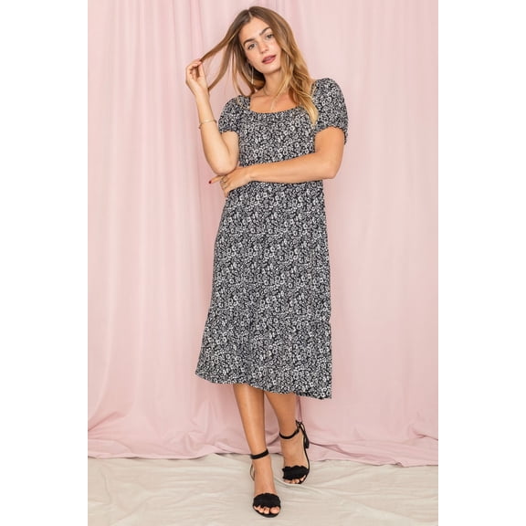 Black Ditsy Floral Square Neck Ruffle Hem Midi Dress