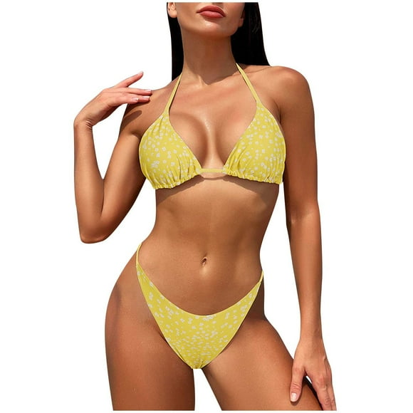 Virmaxy Women's High Cut String Triangle Bikini Set Push Up Swimsuits Two Piece Bikinis Sets High Cut Halter Ruched Swimsuit Split Body Three Point Backless Alluring Bikini Swimsuit Yellow S