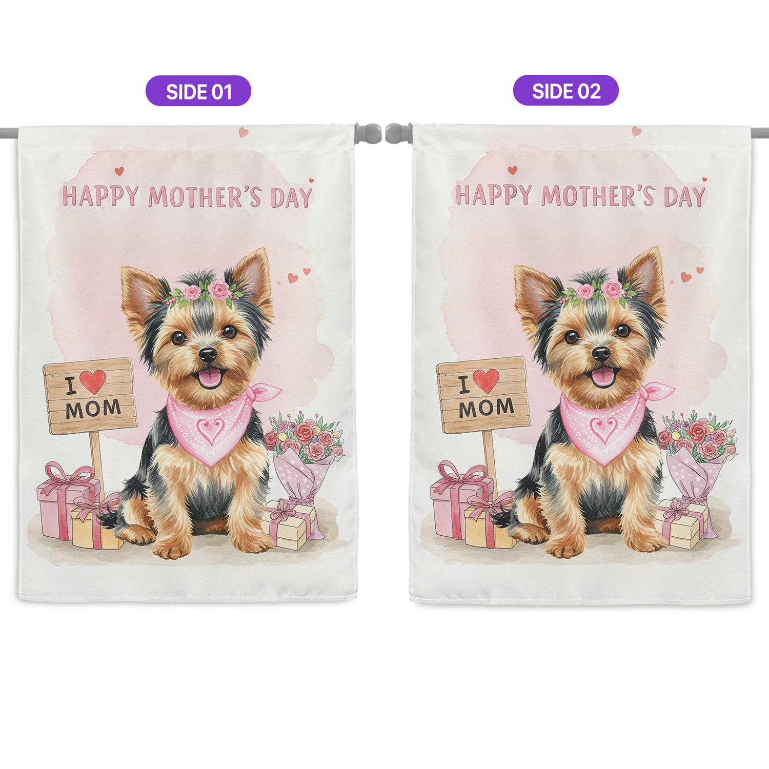 Happy Mother's Day Yorkshire Terrier Love Dog Mom Heart Flower House Flag 28x40in Double Sided Yorkie Dog Lover Gifts Outdoor Decor - 12004