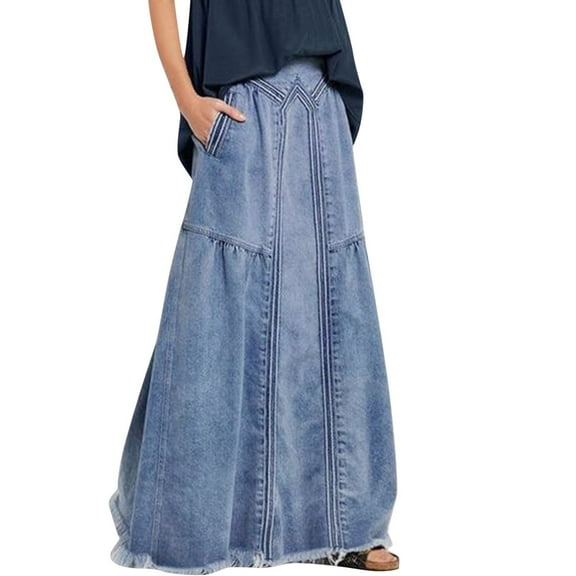 RUTAYY Women Casual High Waist Denim Skirt Slim Fit A-Line Jean Maxi Skirt Solid Color Smocked Boho Pleated Skirts