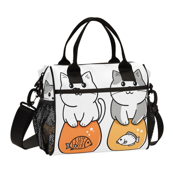 FORMRS Insulated Lunch Bag Unisex Large Capacity with Shoulder Strap, Gray Cute Cat