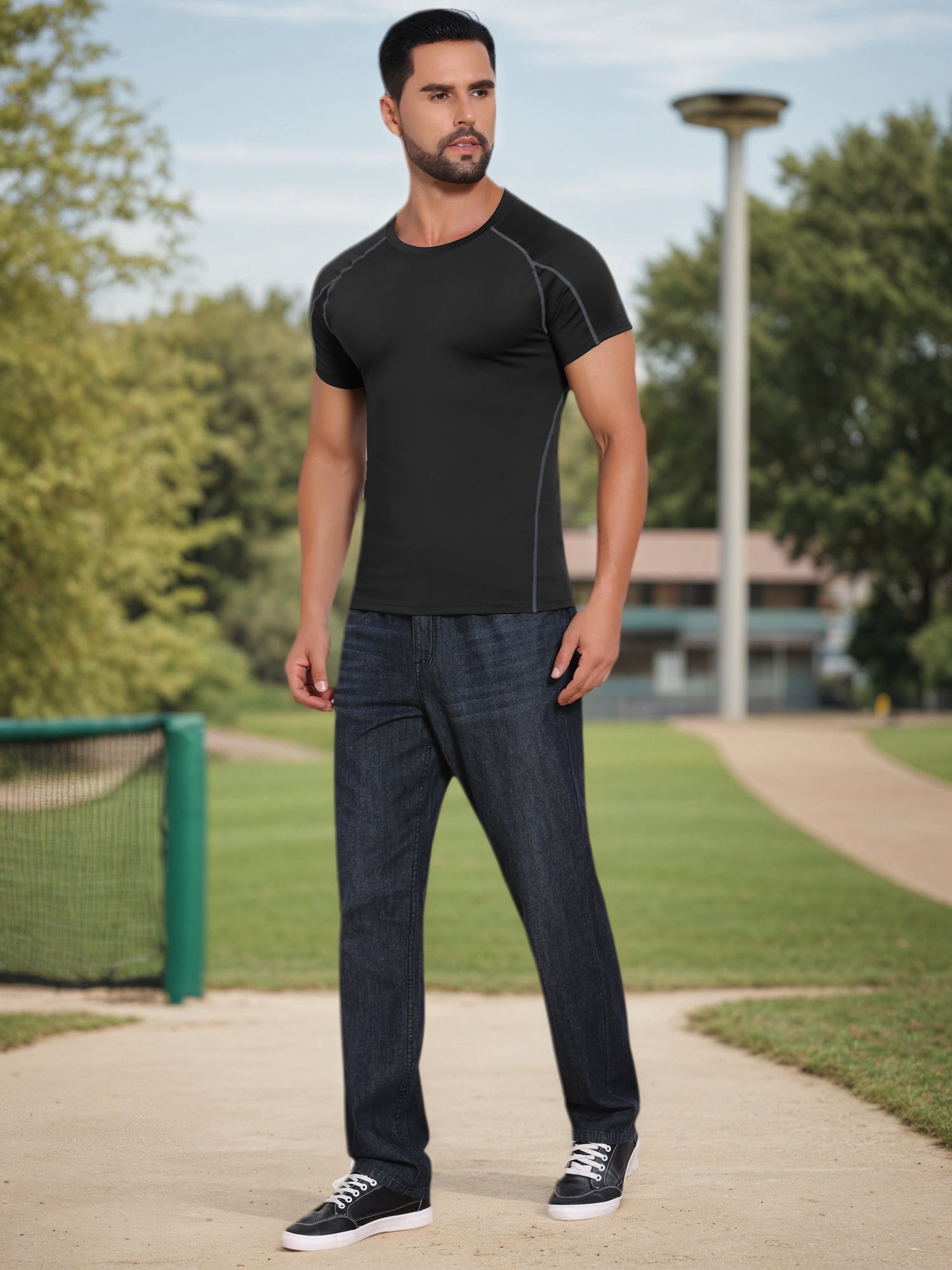 DARING DIVA Men's Workout Stretch Crew Neck Short Sleeve T-Shirt L Black