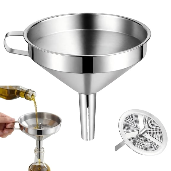 304 Stainless Steel Funnel With Filter Mesh, Small Large Sizes With Handle For Oil Spice Transfer (5.9 Inch)