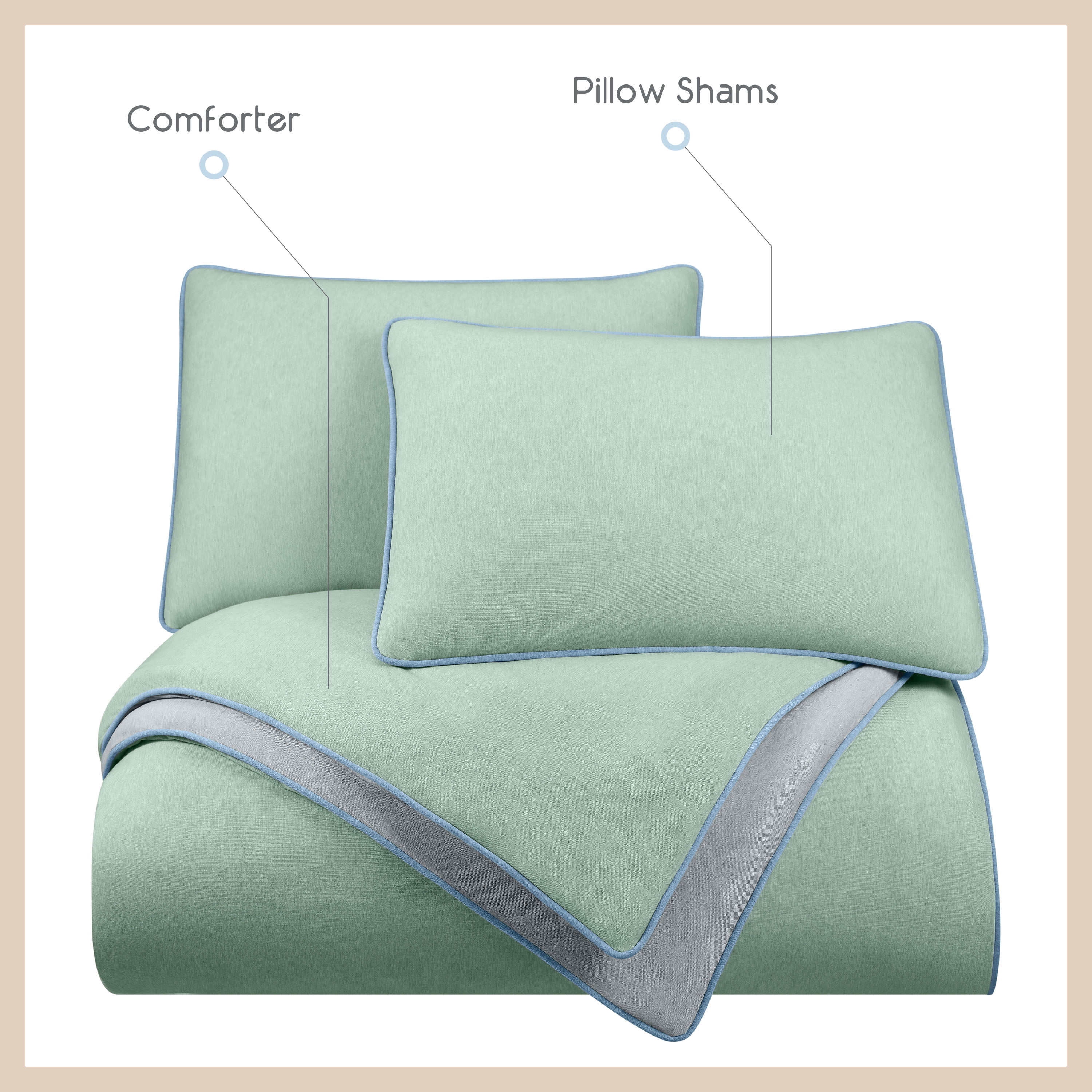 Vellux Jersey Knit 3-Piece Comforter Set, Cotton Blend, Queen, Sage/Gray