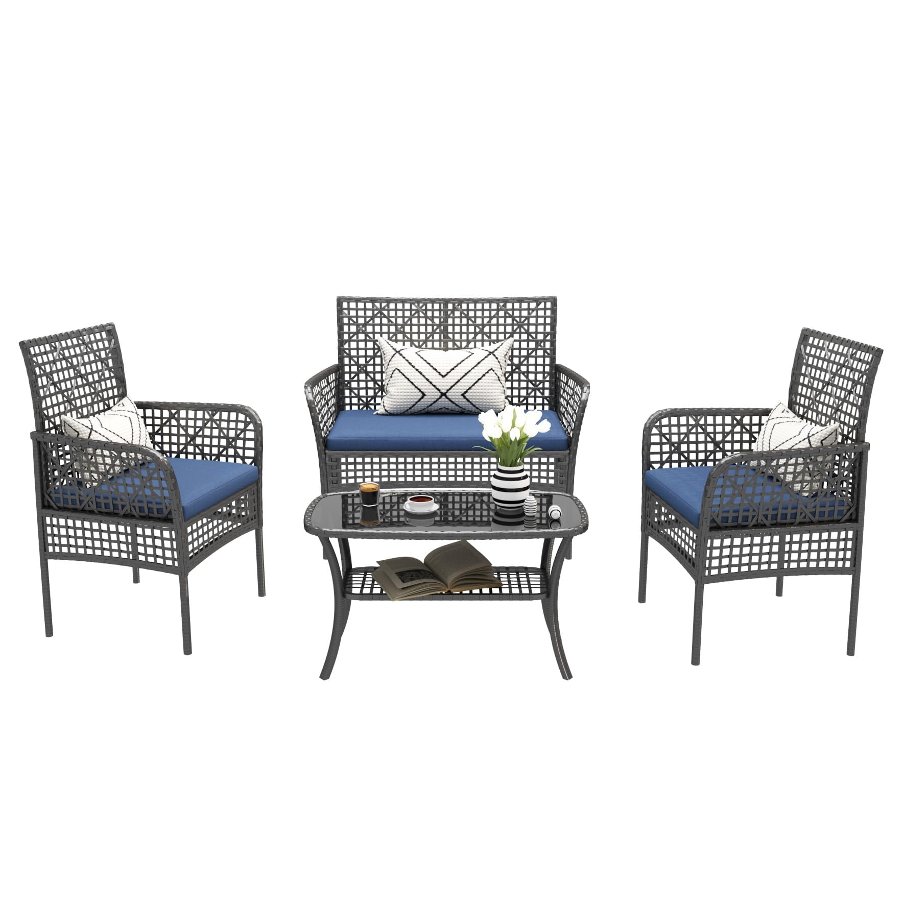 4-Piece Rattan Patio Furniture Set, Outdoor Table & Chairs Set with Cushions, Balcony Porch Garden Backyard Lawn Patio Conversation Set, Acacia Wood Table Top