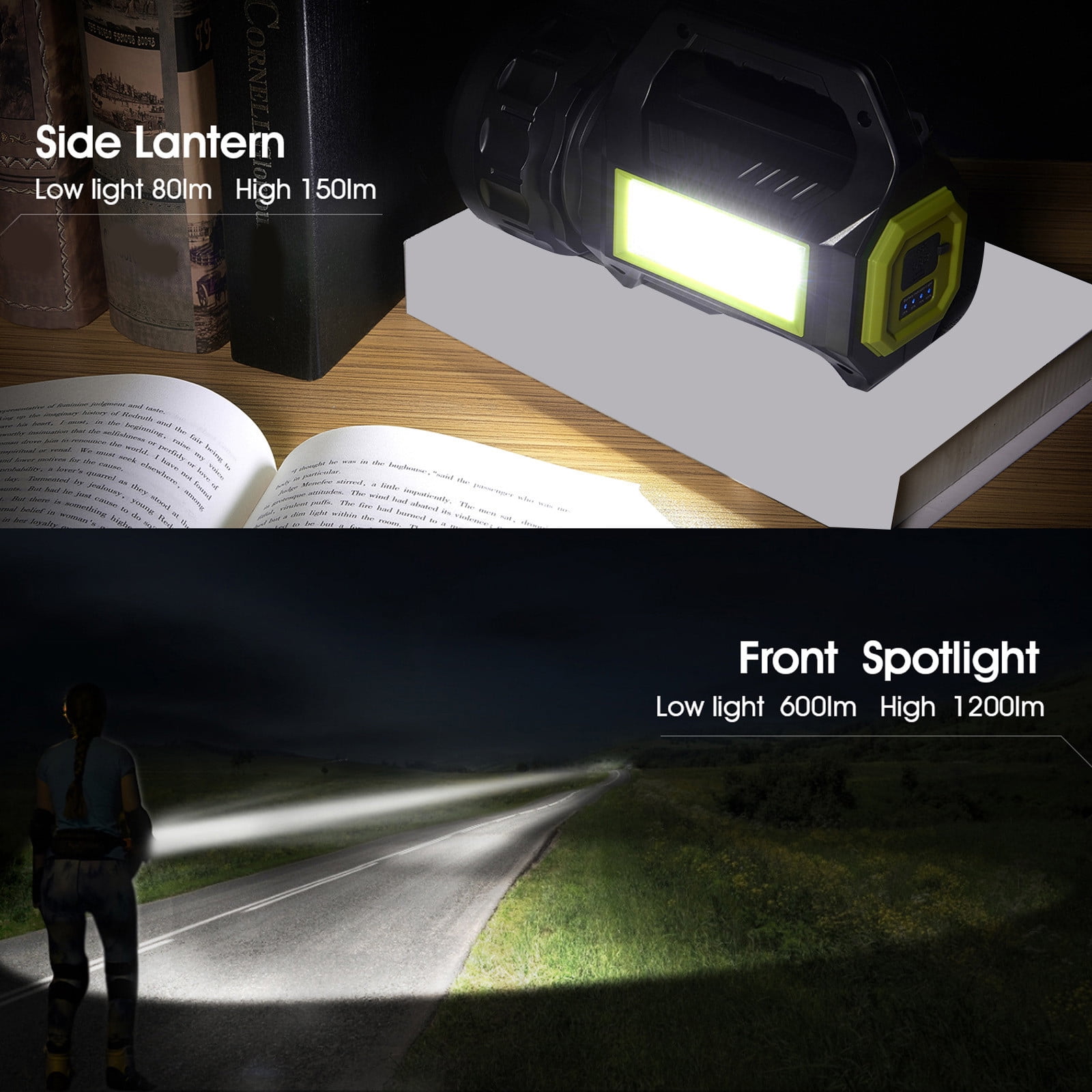 Pklyzj LED Searchlight LED Lantern,Solar Rechargeable Super Bright 10000LM Handheld LED Flashlight , Multifunctional LED Camping Lamp Work Lights,7 Light Modes,IPX4 Waterproof, for Emergency