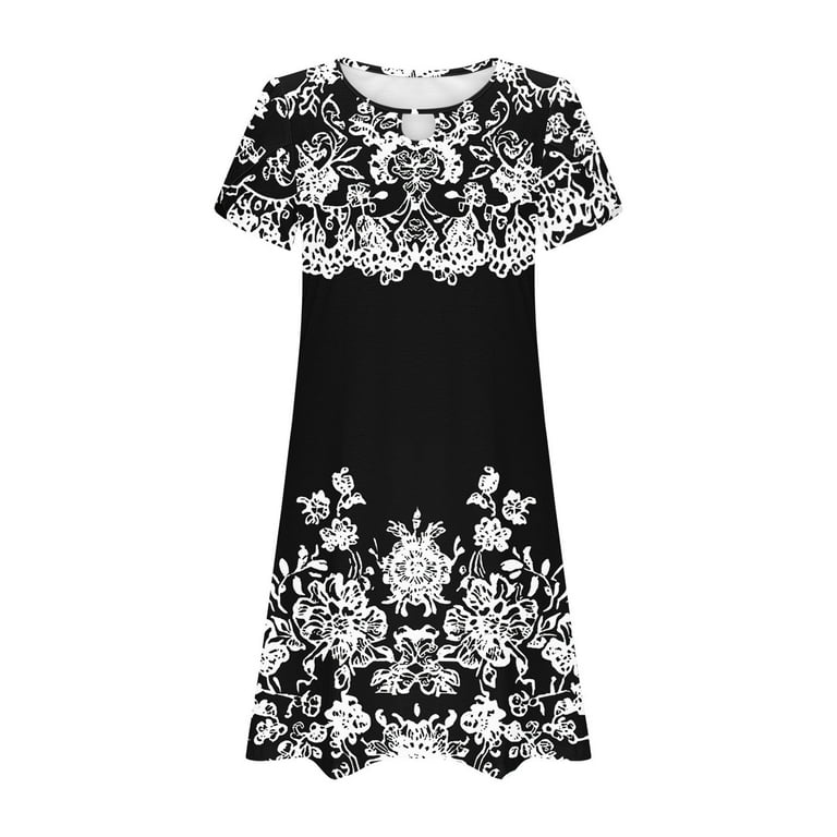 DEUUZHENQI Women's Casual A-Line Dresses with Pockets Summer Floral Tshirt Dress Short Sleeve Mini Dress Flowy Sundresses, Limited Time Under 10