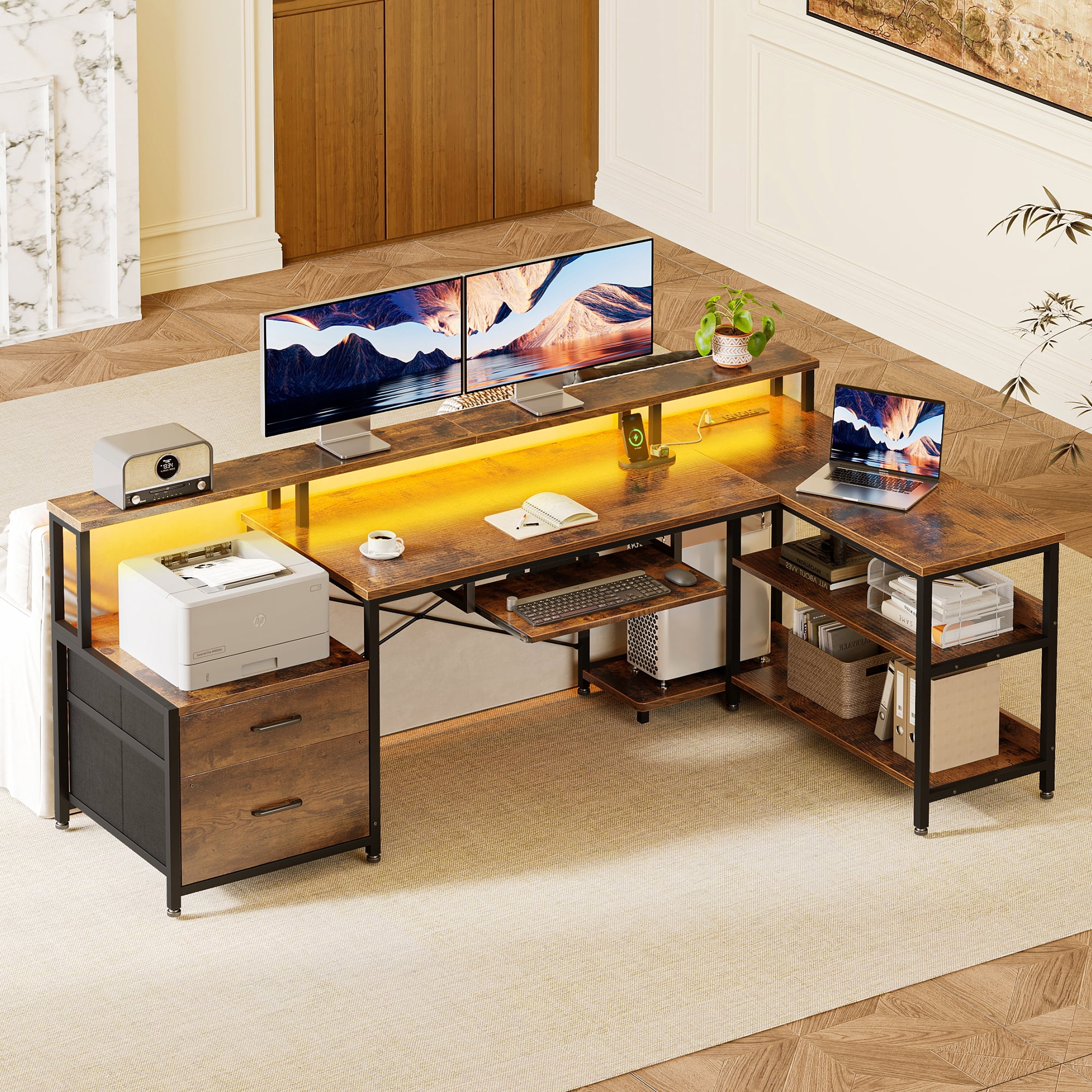 66 inch L-Shaped Gaming Desk with LED Lights & Power Outlets, Corner Computer Desk with 2 Drawers & Storage Shelves, Reversible Workstation for Home Office, Vintage